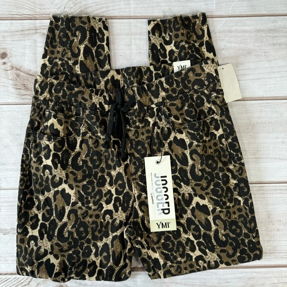 Leopard Animal Print Joggers YMI Distressed Raw Hem High Rise 5 Pocket Mobwife